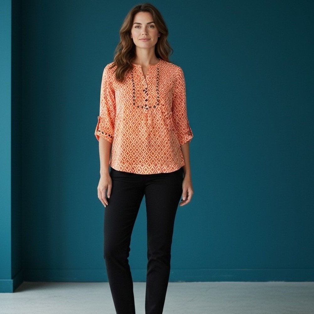 Orange Geometric Print Tunic Top Studded V Neck 3/4 Sleeve Women's Large